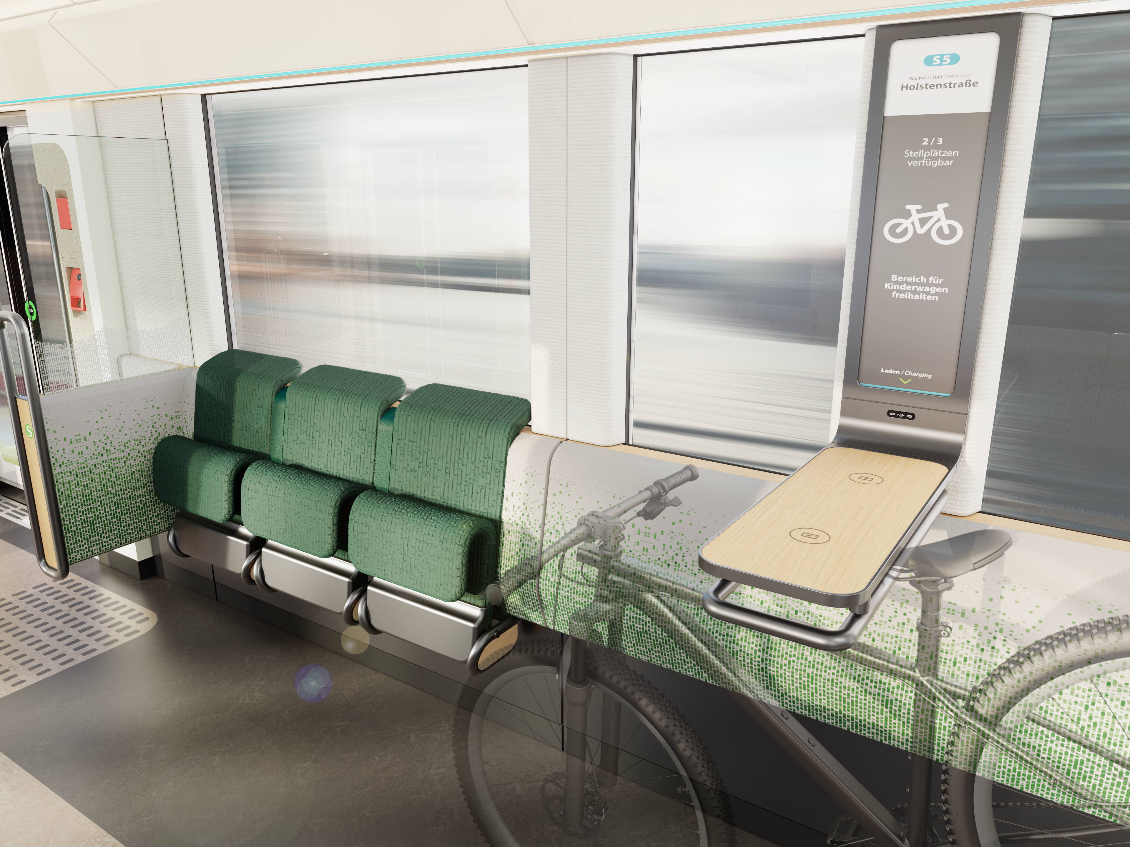 此概念列車(chē)導(dǎo)入達(dá)擎28.5吋HiRaso Panel PC ，整合節(jié)能顯示器與強(qiáng)大運(yùn)算能力的工業(yè)級(jí)嵌入式解決方案 ，無(wú)論是乘客信息顯示或自行車(chē)、行李放置特區(qū)之顯示系統(tǒng)應(yīng)用 ，都能呈現(xiàn)清晰與動(dòng)態(tài)變換的指引，提升信息傳遞的可靠性  ，并創(chuàng)造更流暢的乘坐體驗(yàn)。（圖片來(lái)源  ：德國(guó)鐵路公司）